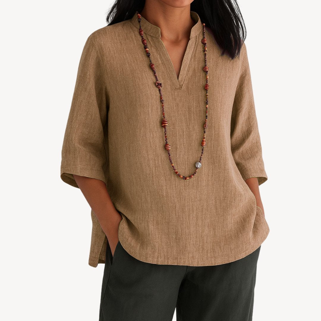 Effortless Linen Tunic Blouse for Women with Mandarin Collar Elbow Sleeve Relaxed Flowing Style