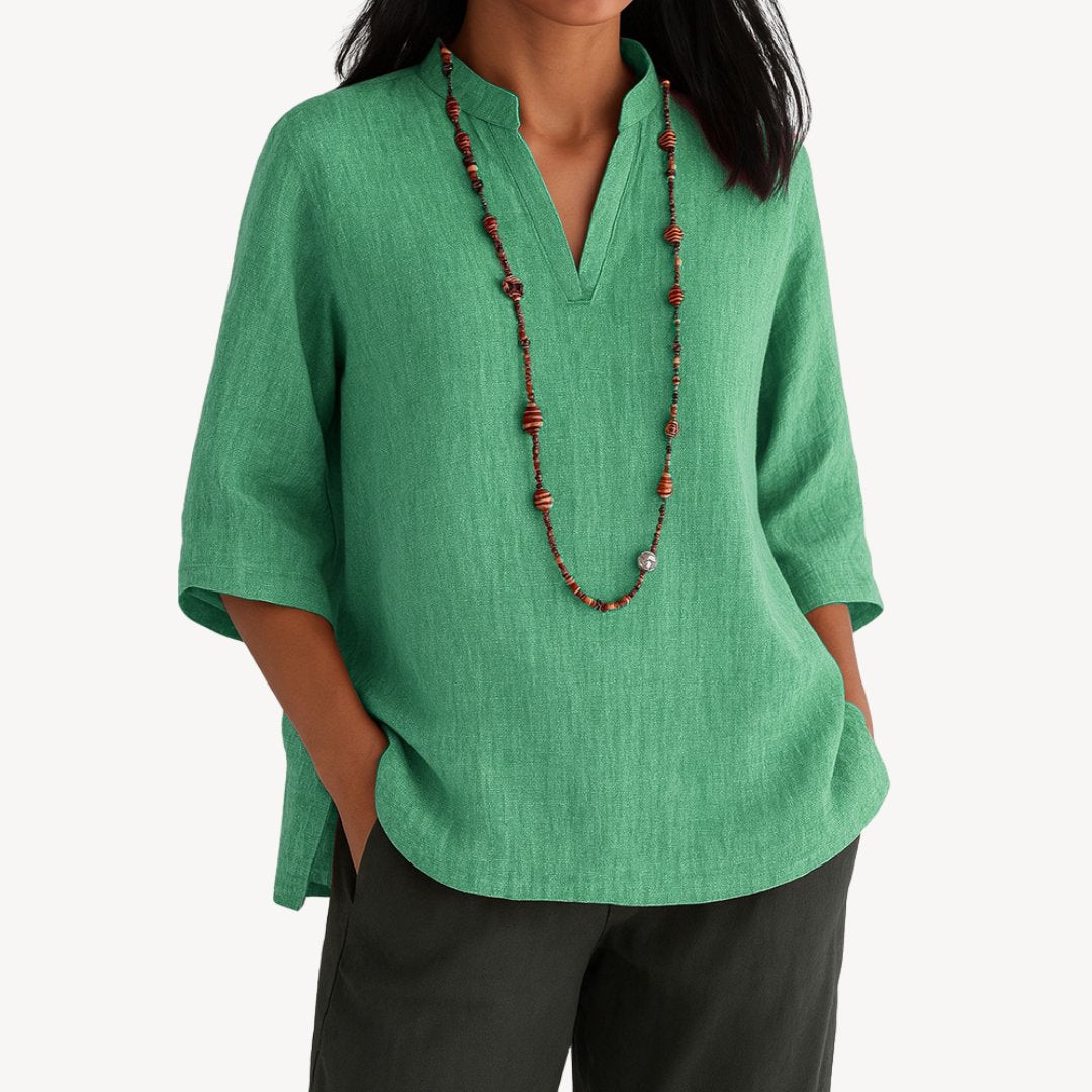 Effortless Linen Tunic Blouse for Women with Mandarin Collar Elbow Sleeve Relaxed Flowing Style