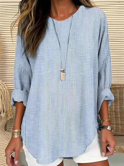 Effortless Striped Tunic Blouse for Women with Round Neck Elbow Sleeve Curved Hem Relaxed Style
