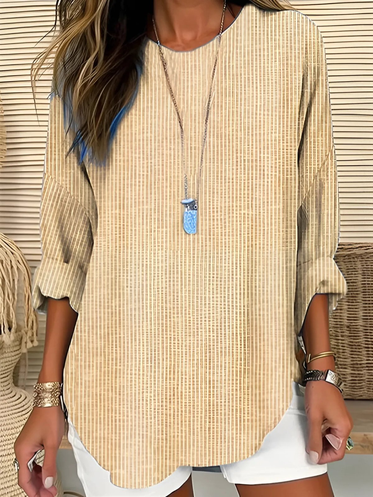 Effortless Striped Tunic Blouse for Women with Round Neck Elbow Sleeve Curved Hem Relaxed Style