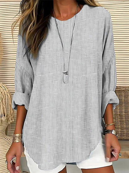 Effortless Striped Tunic Blouse for Women with Round Neck Elbow Sleeve Curved Hem Relaxed Style