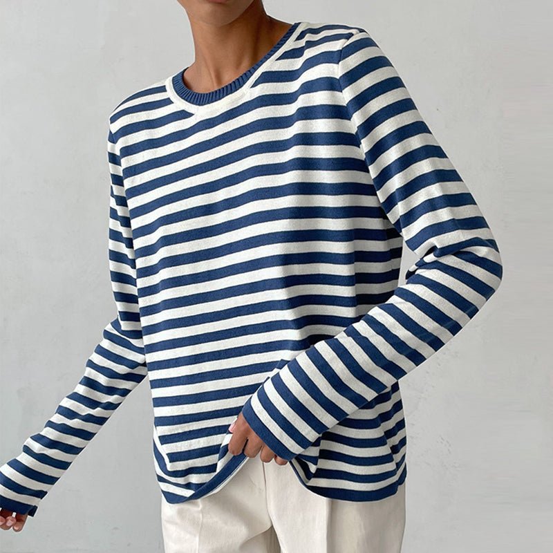 Comfortable Striped Knit Sweater for Women with Crew Neck Long Sleeve Relaxed Oversized Style
