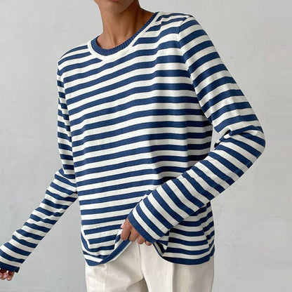 Comfortable Striped Knit Sweater for Women with Crew Neck Long Sleeve Relaxed Oversized Style