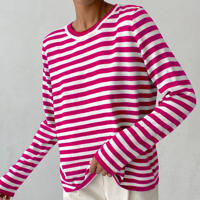 Comfortable Striped Knit Sweater for Women with Crew Neck Long Sleeve Relaxed Oversized Style