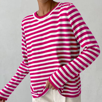 Comfortable Striped Knit Sweater for Women with Crew Neck Long Sleeve Relaxed Oversized Style