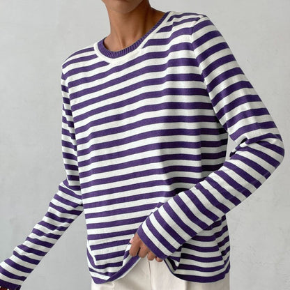 Comfortable Striped Knit Sweater for Women with Crew Neck Long Sleeve Relaxed Oversized Style