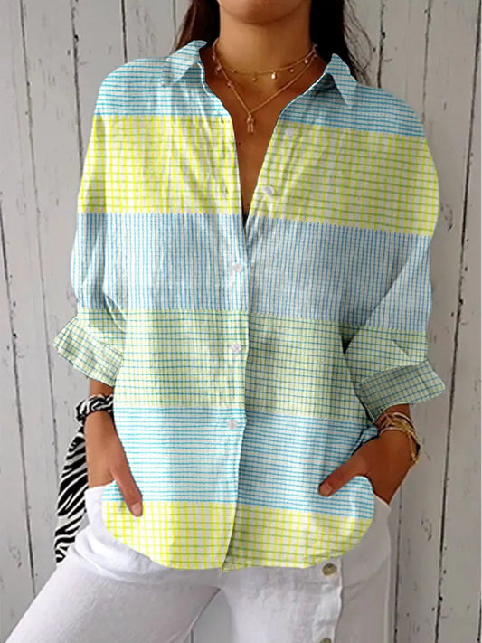 Effortless Multicolor Striped Blouse for Women with Collar Long Sleeve Button Front Relaxed Style