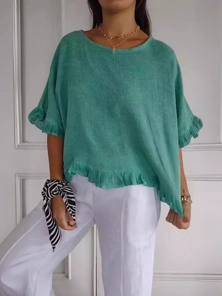 Effortless Linen Blouse for Women with Round Neck Ruffle Sleeve Relaxed Oversized Style