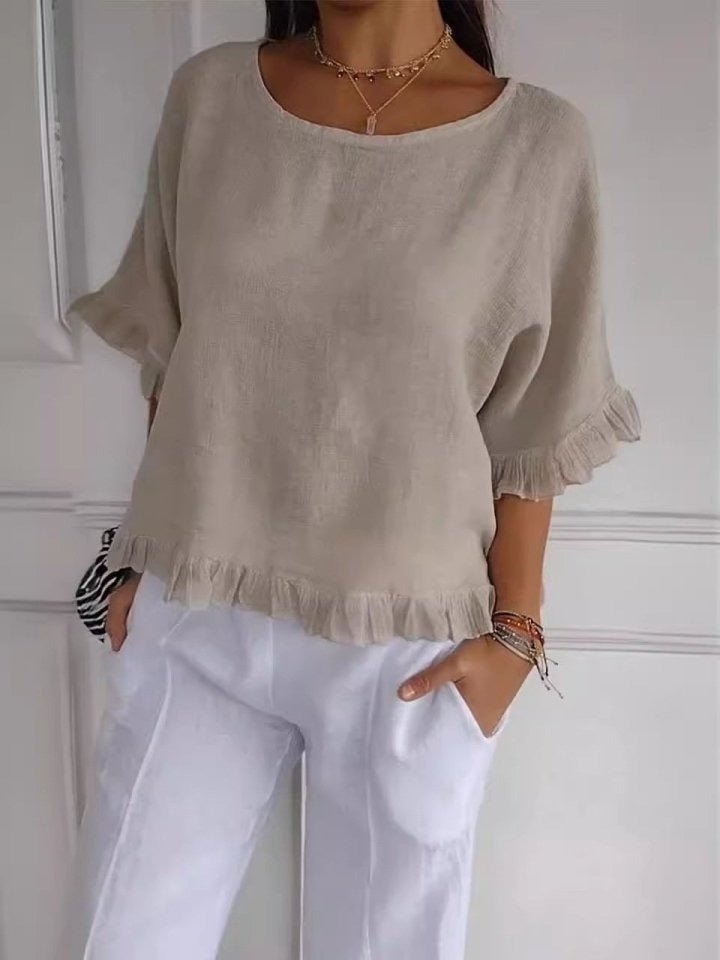 Effortless Linen Blouse for Women with Round Neck Ruffle Sleeve Relaxed Oversized Style