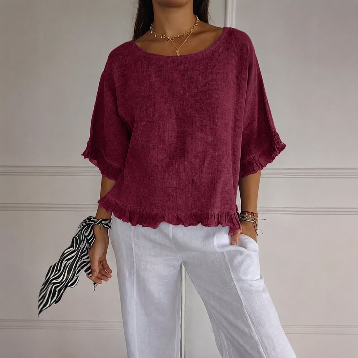 Effortless Linen Blouse for Women with Round Neck Ruffle Sleeve Relaxed Oversized Style