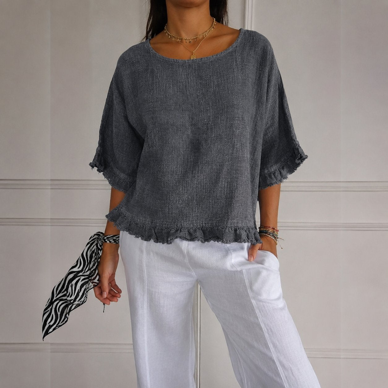 Effortless Linen Blouse for Women with Round Neck Ruffle Sleeve Relaxed Oversized Style