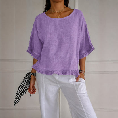 Effortless Linen Blouse for Women with Round Neck Ruffle Sleeve Relaxed Oversized Style