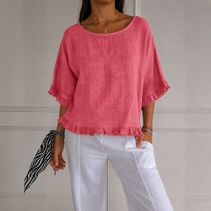 Effortless Linen Blouse for Women with Round Neck Ruffle Sleeve Relaxed Oversized Style