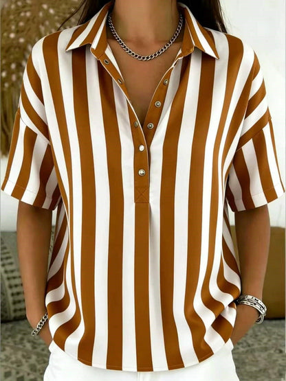 Effortless Striped Blouse for Women with Collar Neck Short Sleeve Button Front Relaxed Style