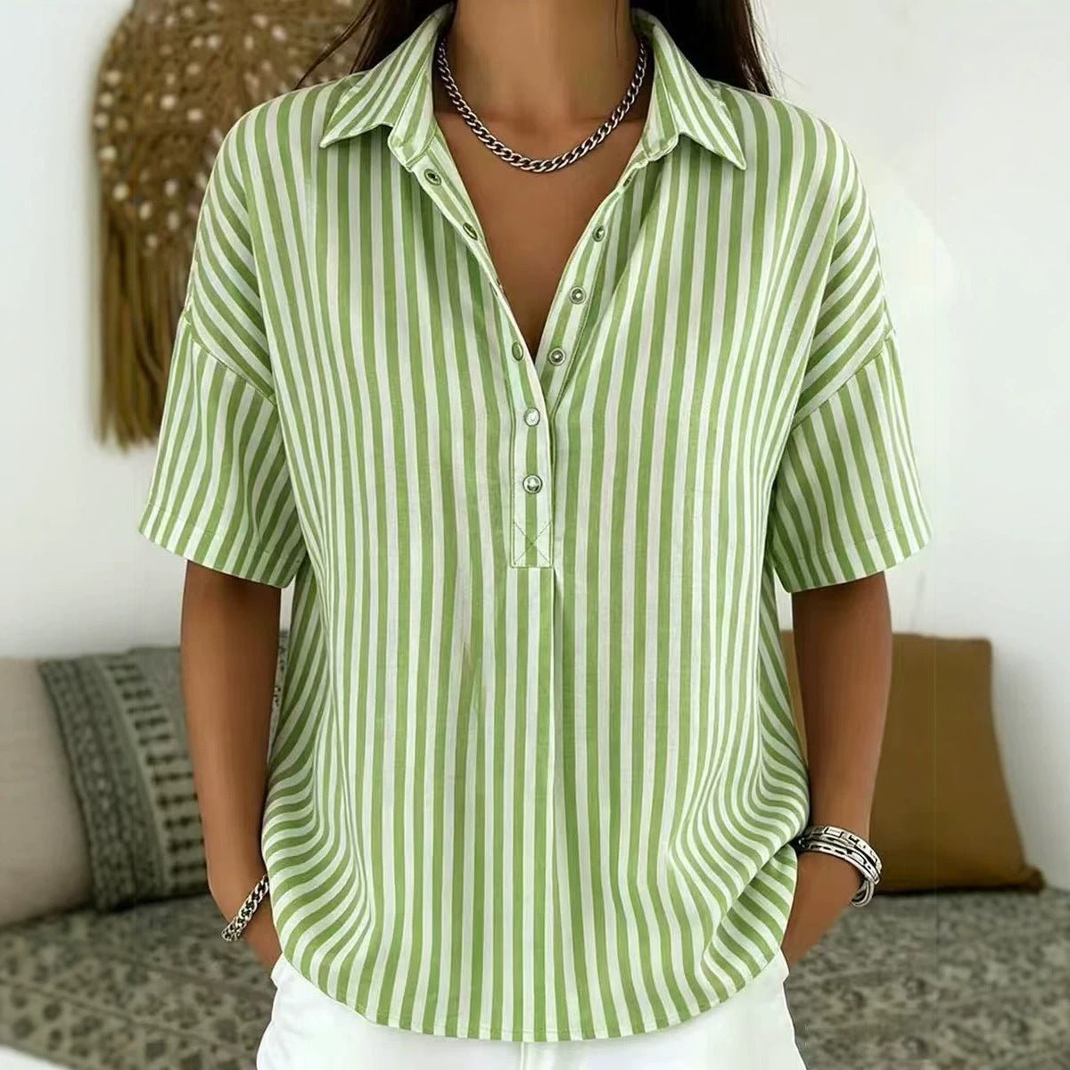 Effortless Striped Blouse for Women with Collar Neck Short Sleeve Button Front Relaxed Style