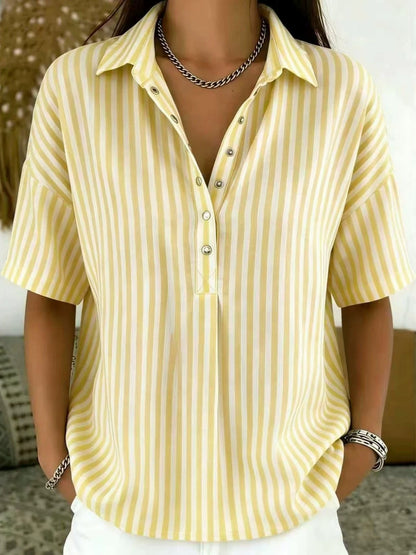 Effortless Striped Blouse for Women with Collar Neck Short Sleeve Button Front Relaxed Style