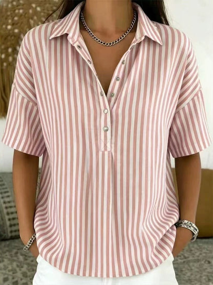 Effortless Striped Blouse for Women with Collar Neck Short Sleeve Button Front Relaxed Style