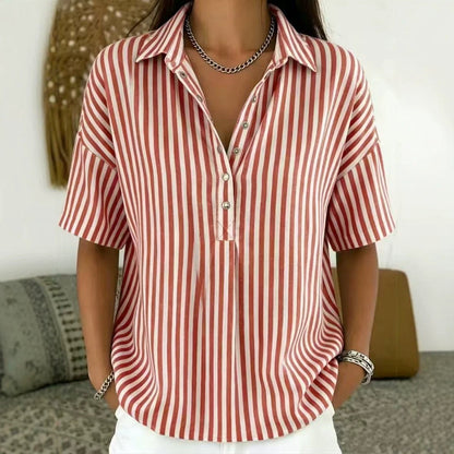 Effortless Striped Blouse for Women with Collar Neck Short Sleeve Button Front Relaxed Style