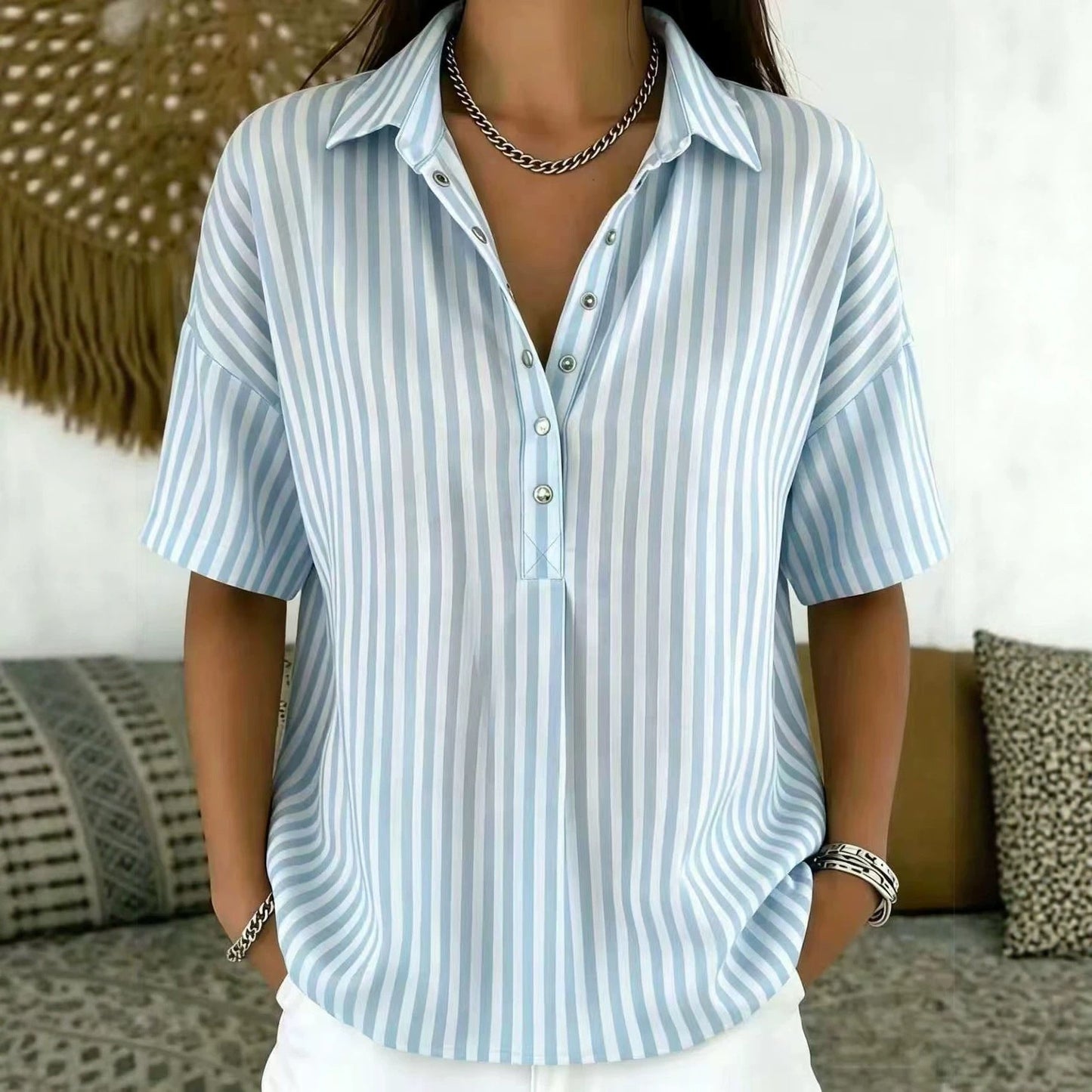 Effortless Striped Blouse for Women with Collar Neck Short Sleeve Button Front Relaxed Style