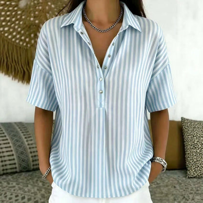 Effortless Striped Blouse for Women with Collar Neck Short Sleeve Button Front Relaxed Style