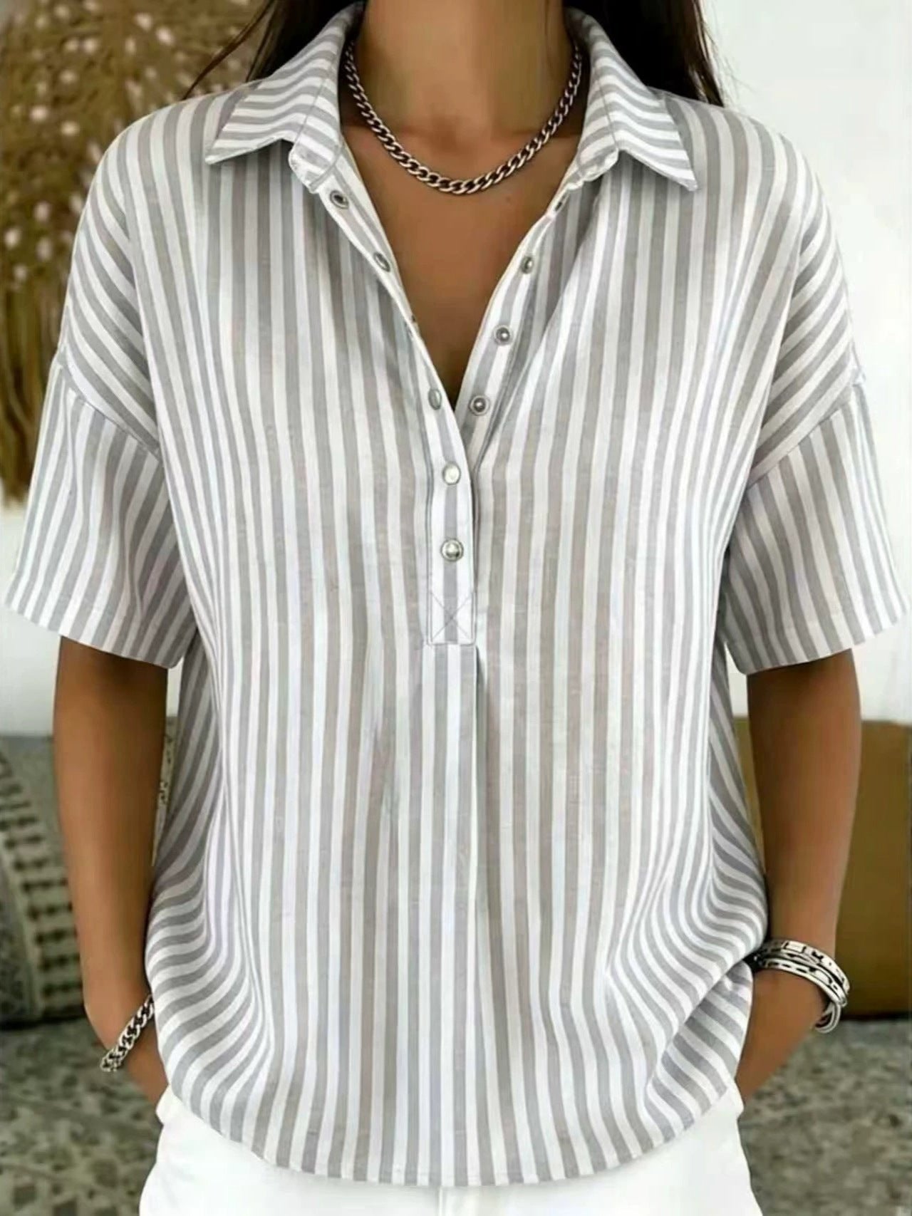 Effortless Striped Blouse for Women with Collar Neck Short Sleeve Button Front Relaxed Style