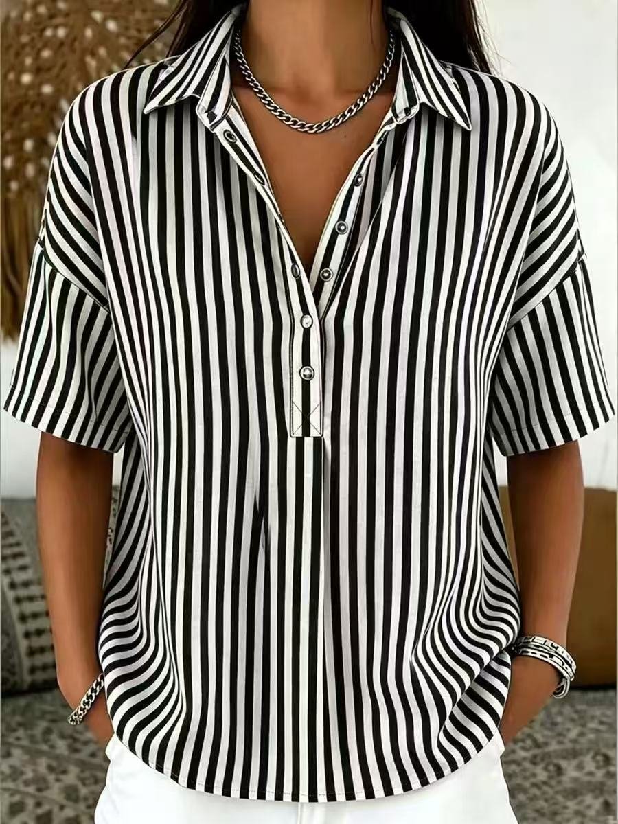 Effortless Striped Blouse for Women with Collar Neck Short Sleeve Button Front Relaxed Style