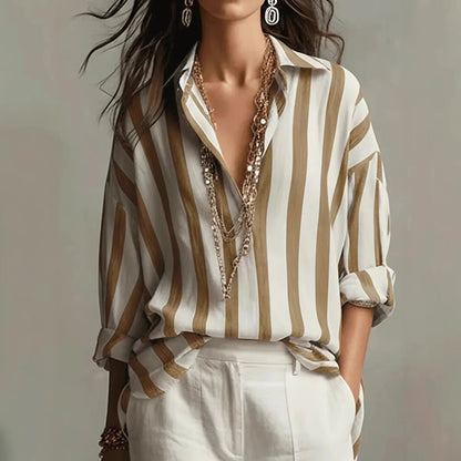 Effortless Striped Blouse for Women with Collar Long Sleeve Relaxed Oversized Style