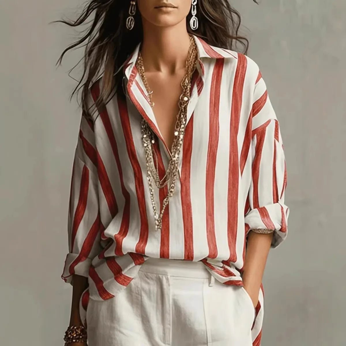 Effortless Striped Blouse for Women with Collar Long Sleeve Relaxed Oversized Style