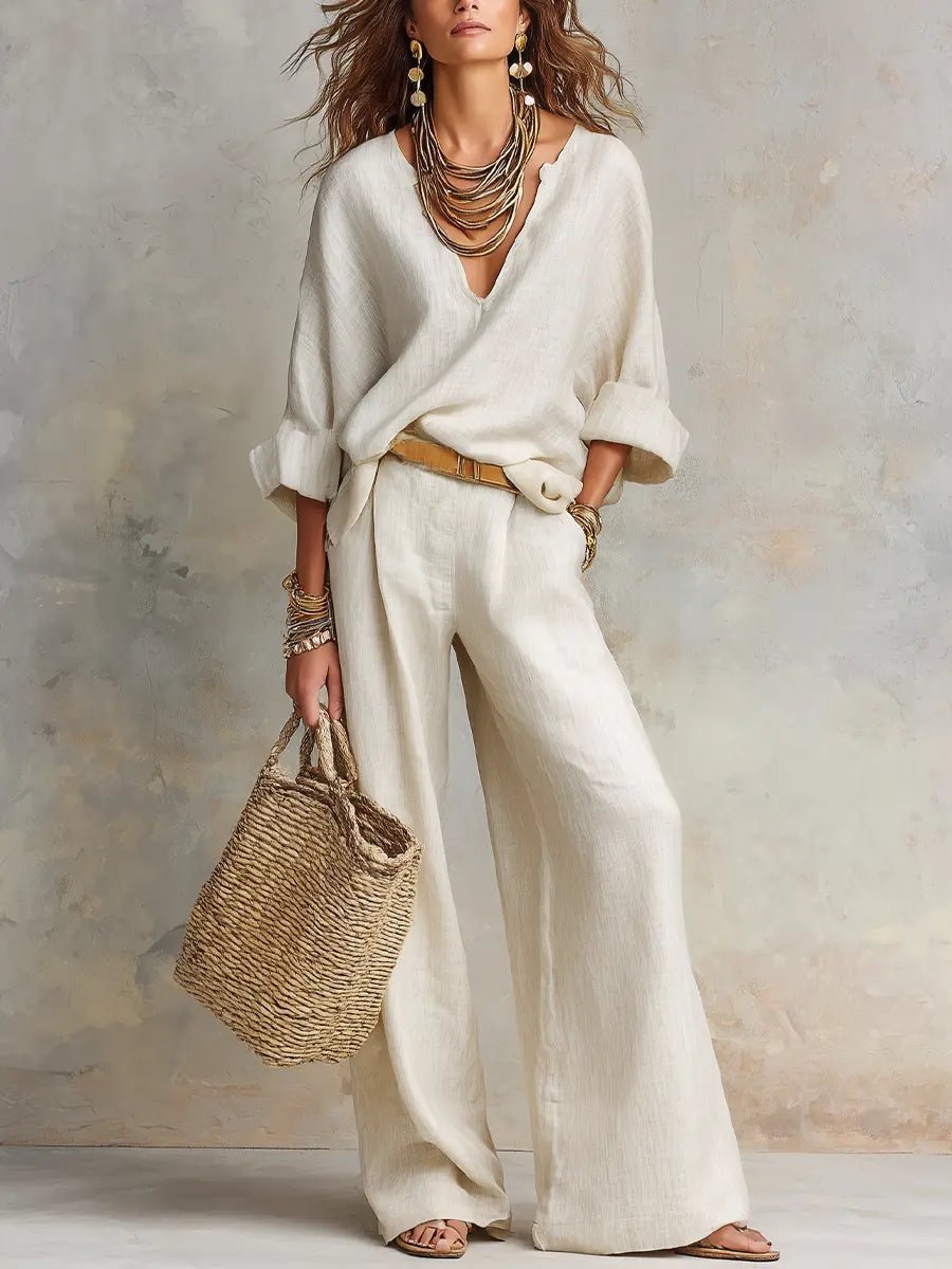 Effortless Linen Wide Leg Set for Women with V Neck Long Sleeve Wrap Front Relaxed Two Piece Style