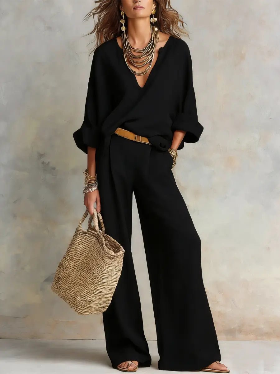 Effortless Linen Wide Leg Set for Women with V Neck Long Sleeve Wrap Front Relaxed Two Piece Style