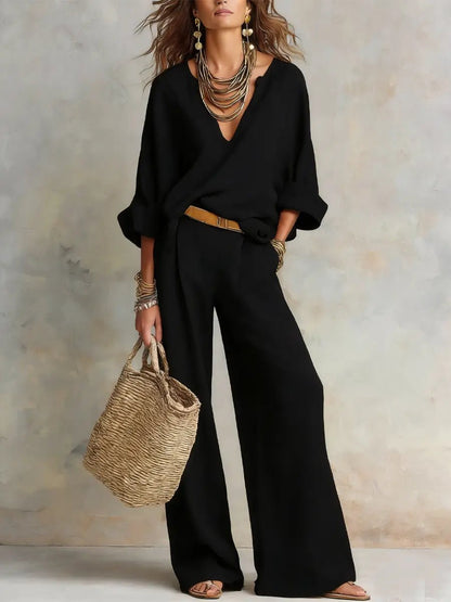 Effortless Linen Wide Leg Set for Women with V Neck Long Sleeve Wrap Front Relaxed Two Piece Style