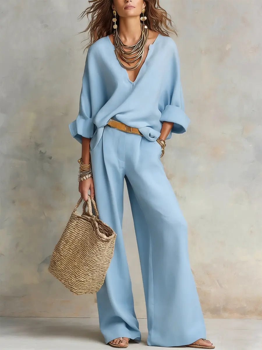 Effortless Linen Wide Leg Set for Women with V Neck Long Sleeve Wrap Front Relaxed Two Piece Style