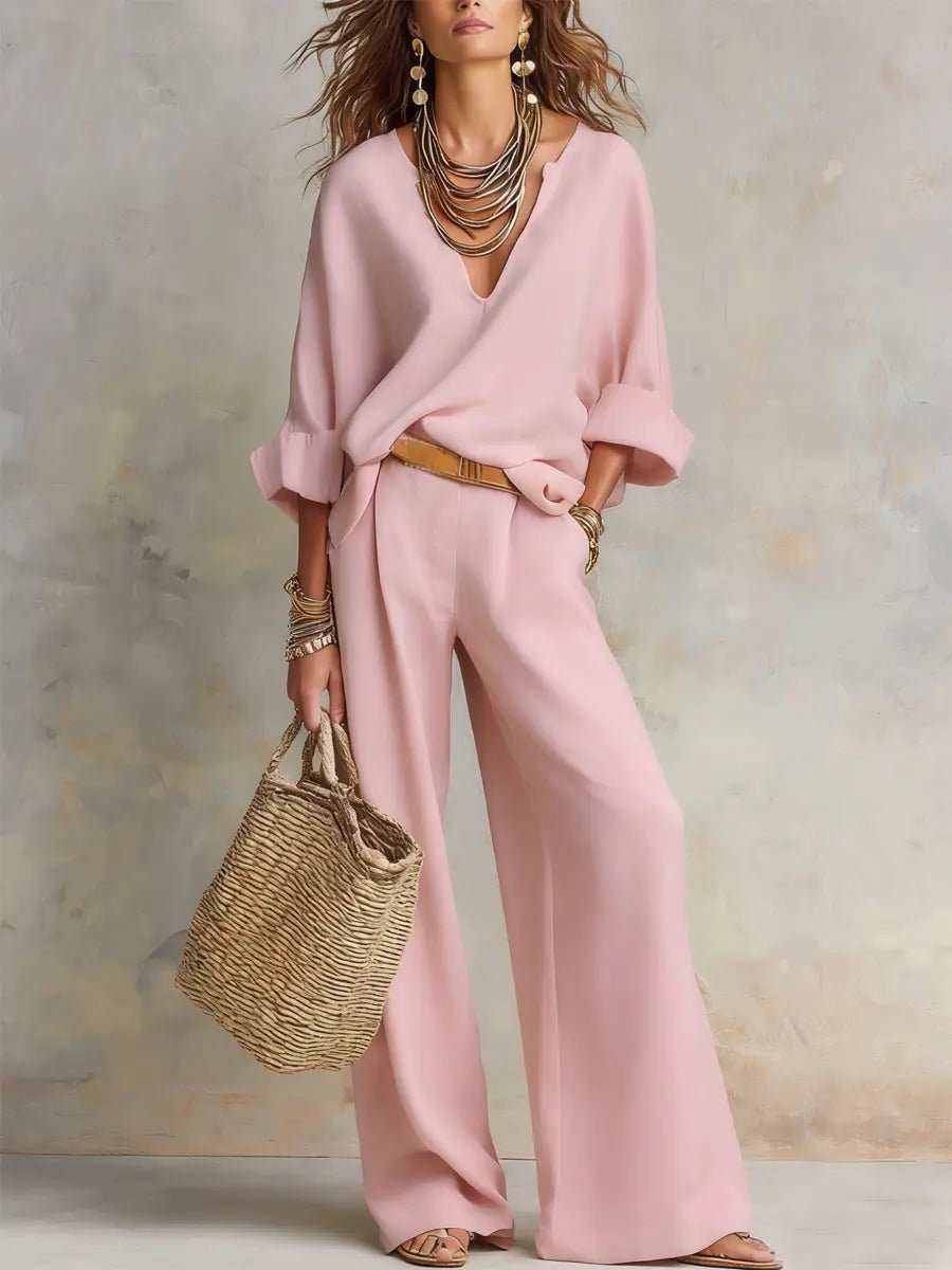 Effortless Linen Wide Leg Set for Women with V Neck Long Sleeve Wrap Front Relaxed Two Piece Style