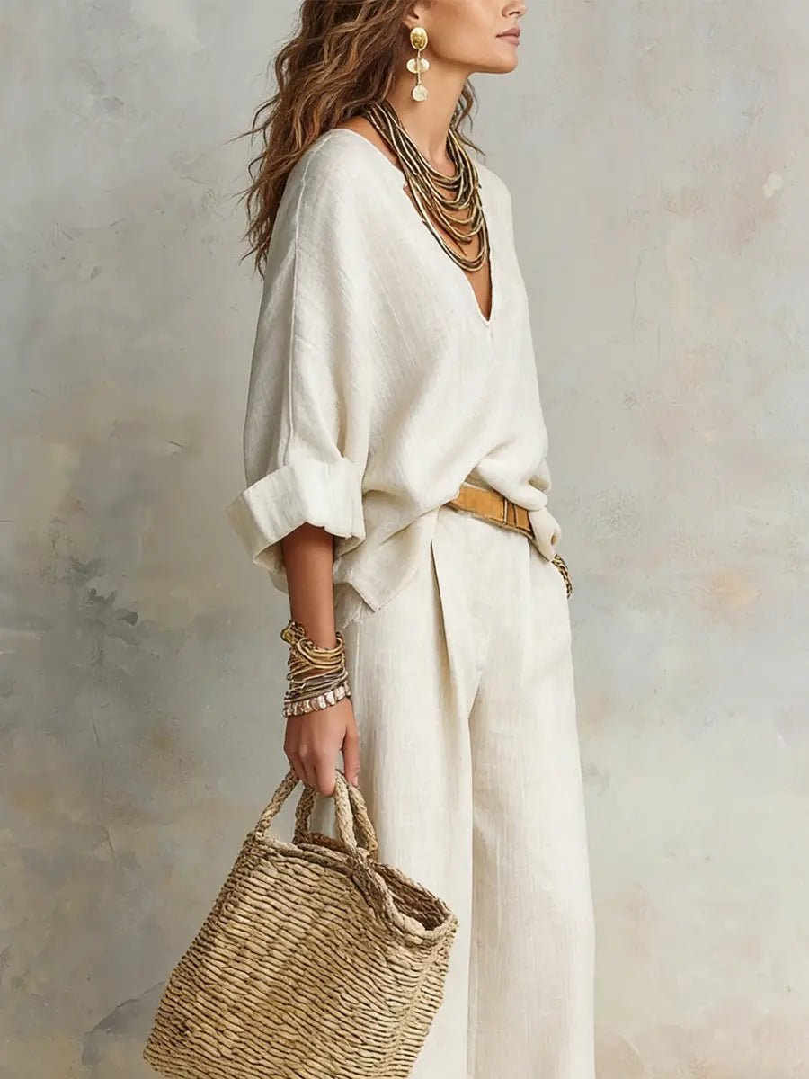 Effortless Linen Wide Leg Set for Women with V Neck Long Sleeve Wrap Front Relaxed Two Piece Style