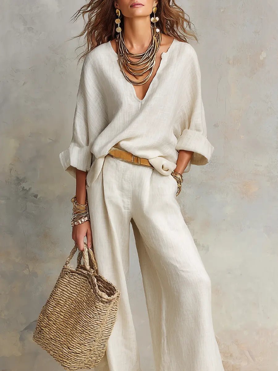 Effortless Linen Wide Leg Set for Women with V Neck Long Sleeve Wrap Front Relaxed Two Piece Style