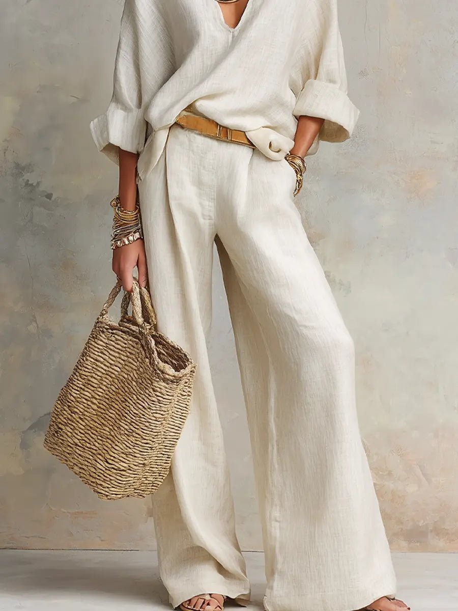 Effortless Linen Wide Leg Set for Women with V Neck Long Sleeve Wrap Front Relaxed Two Piece Style