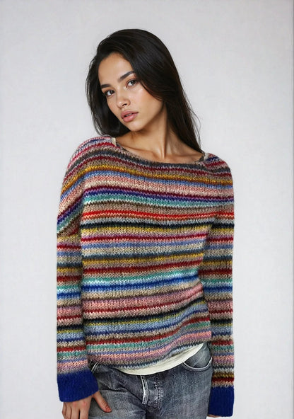 Comfortable Striped Sweater for Women with Boat Neck Long Sleeve Relaxed Oversized Knit Style