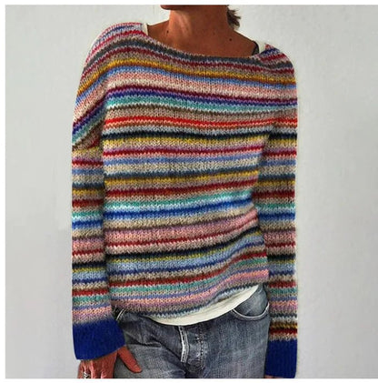 Comfortable Striped Sweater for Women with Boat Neck Long Sleeve Relaxed Oversized Knit Style
