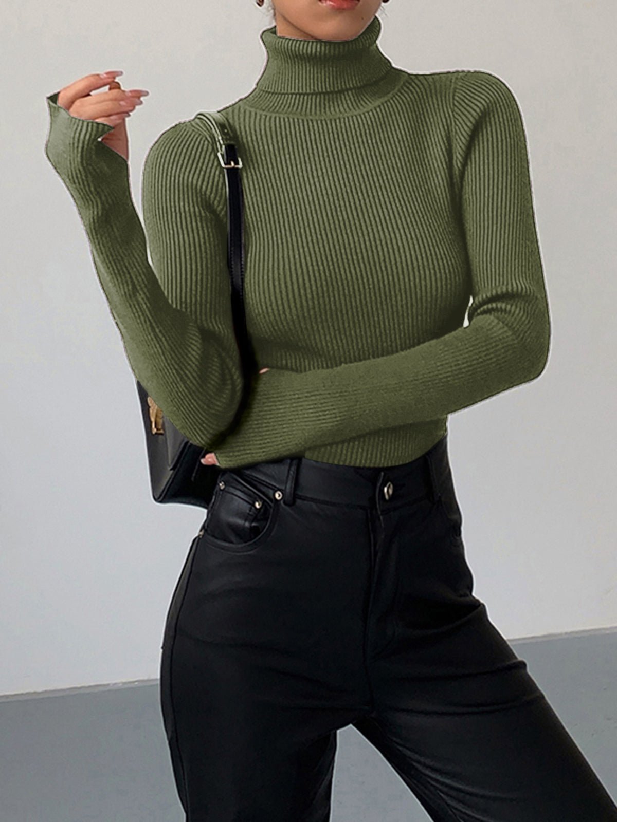 Comfortable Ribbed Sweater for Women with Turtleneck Long Sleeve Fitted Bodycon Style