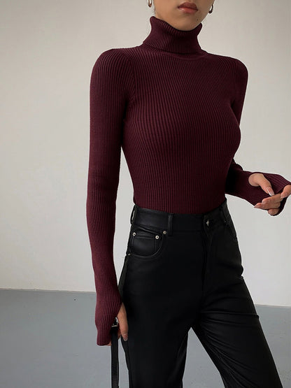 Comfortable Ribbed Sweater for Women with Turtleneck Long Sleeve Fitted Bodycon Style