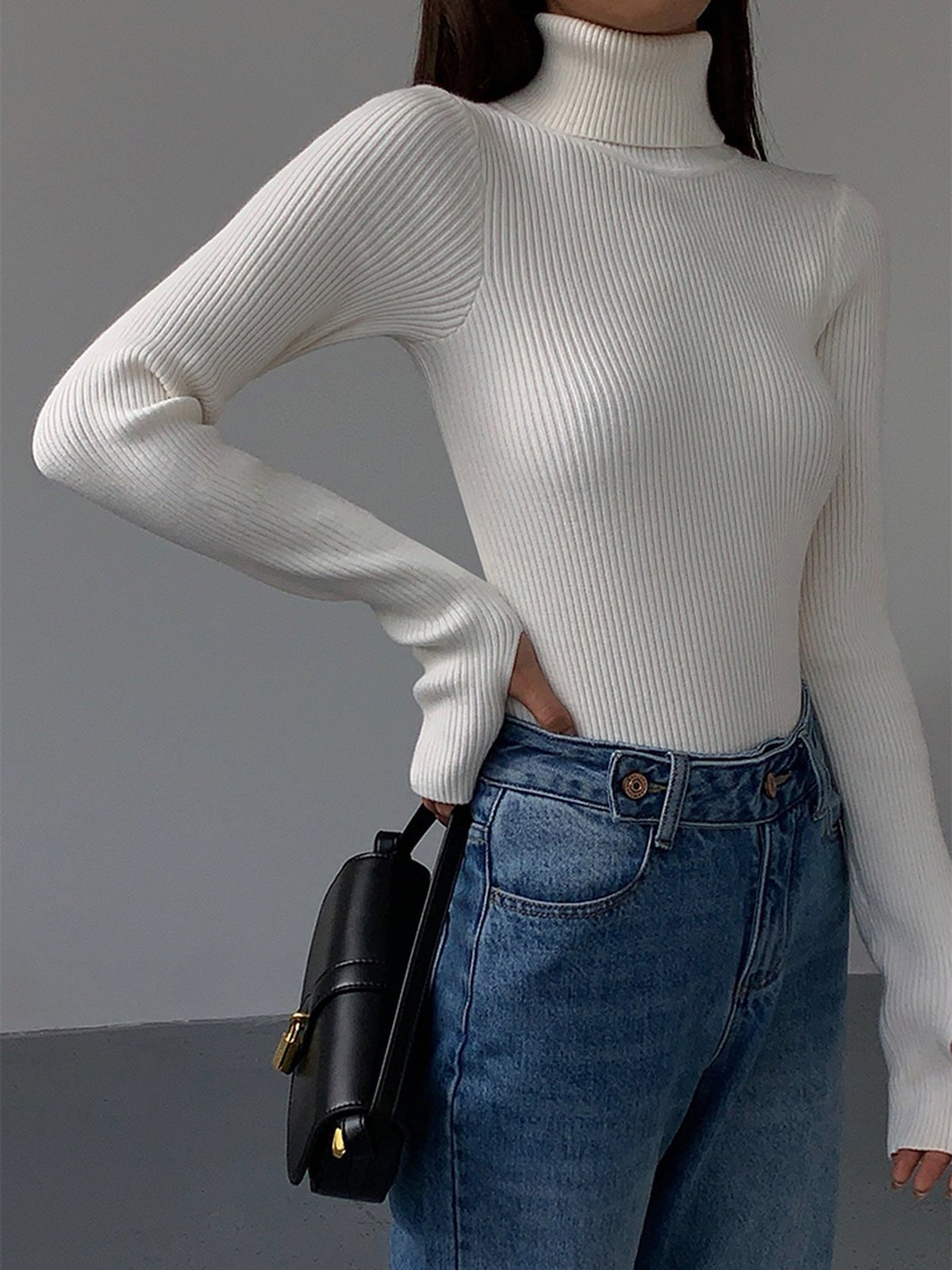 Comfortable Ribbed Sweater for Women with Turtleneck Long Sleeve Fitted Bodycon Style
