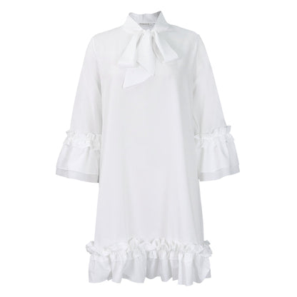 Effortless Mini Dress for Women with Ruffle Hem Bow Neck Tunic Style