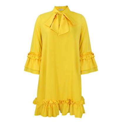 Effortless Mini Dress for Women with Ruffle Hem Bow Neck Tunic Style