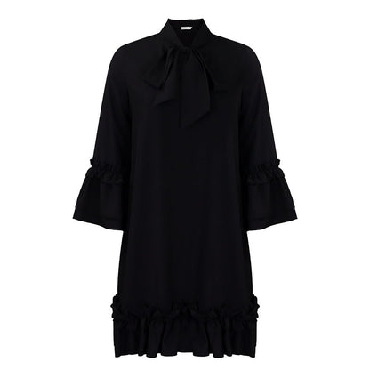 Effortless Mini Dress for Women with Ruffle Hem Bow Neck Tunic Style