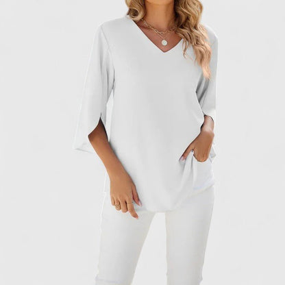 Effortless Ruffle Blouse for Women with V Neck Split Sleeve Flowy Casual Style