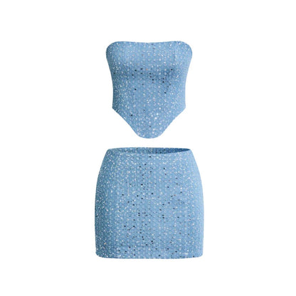 Elegant Blue Sequin Mini Dress for Women with Strapless Bodycon Sparkle Formal Party Style
