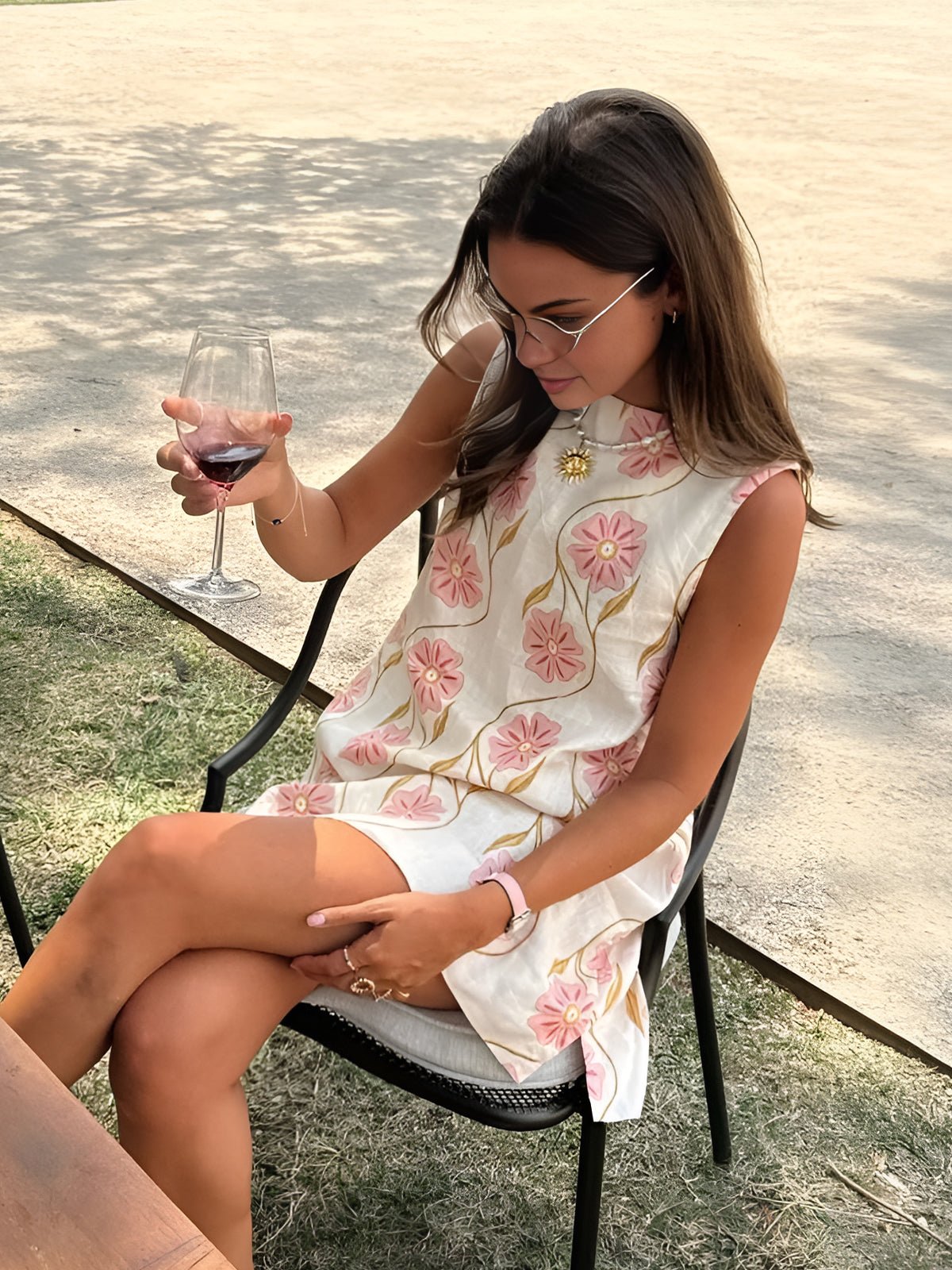 Effortless White Floral Linen Mini Dress for Women with Round Neck Sleeveless A Line Casual Style