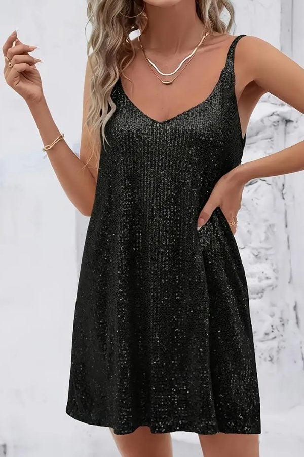 Elegant Sequin Dress for Women with V-Neckline Cocktail Party Mini Style