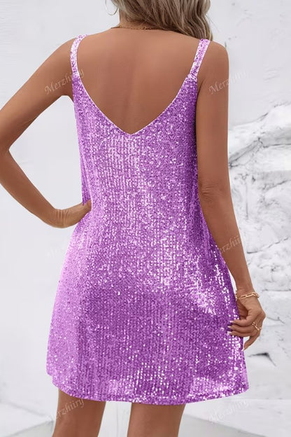 Elegant Sequin Dress for Women with V-Neckline Cocktail Party Mini Style