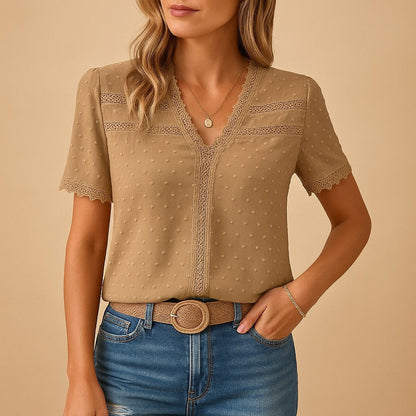 Effortless Swiss Dot Blouse for Women with V Neck Short Sleeve Scalloped Lace Trim Casual Style